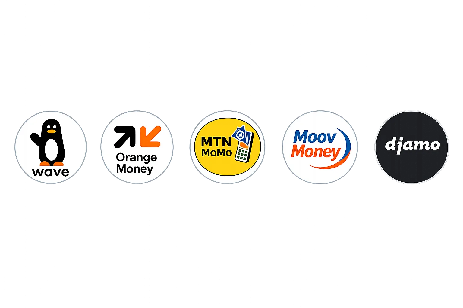 Wave, Orange Money, MTN MoMo, Moov Money, Djamo